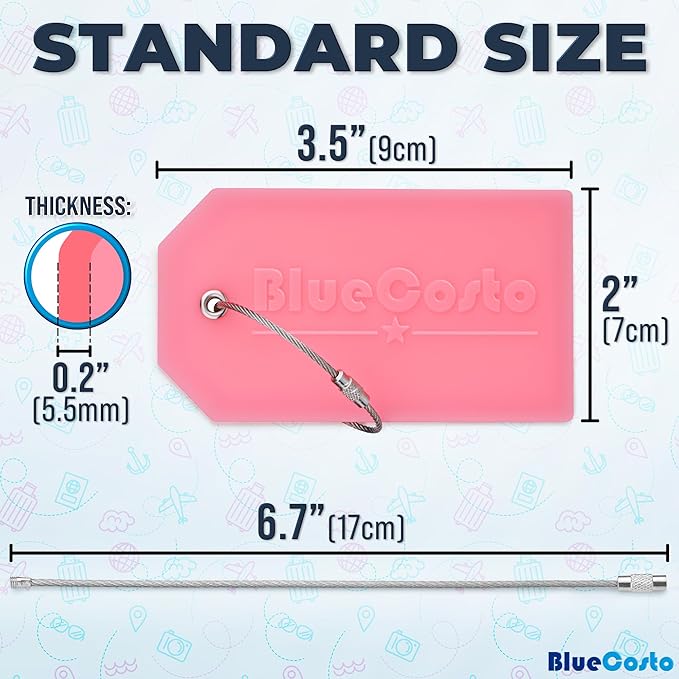 BlueCosto - Luggage Tags - Large, Pink, 5 PK - PVC Suitcase Tags w/Privacy Cover & Stainless Steel Wire Loops - Personalized Baggage Identifiers for Travel - Backpack Name Labels