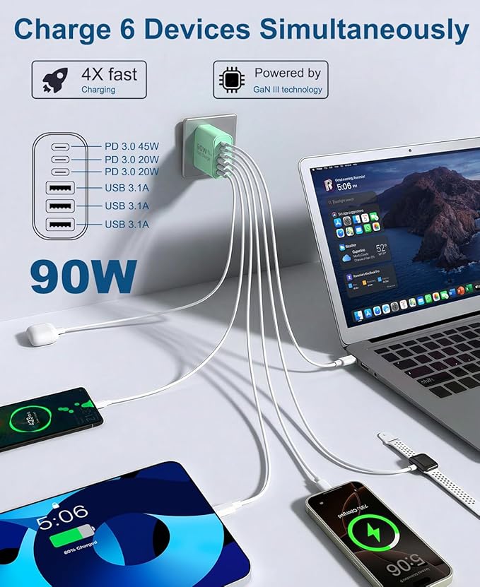 90W GaN USB C Charger Block [2 Pack],6-Port USB C Wall Charger Fast Charging 45W PD Power Adapter for MacBook Air/iPad Pro/iPhone 17Pro Max/Samsung Galaxy S24 Ultra/Tabs for Home Travel