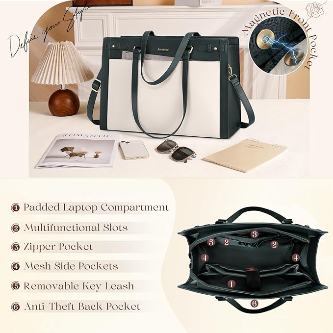 RAINSMORE Laptop Bag for Women 15.6 Inch PU Vegan Leather Work Tote Bag Waterproof Womens Briefcase Designer Computer Bag for Office Teacher College Travel Large Tote Purse Professional Purple & Beige