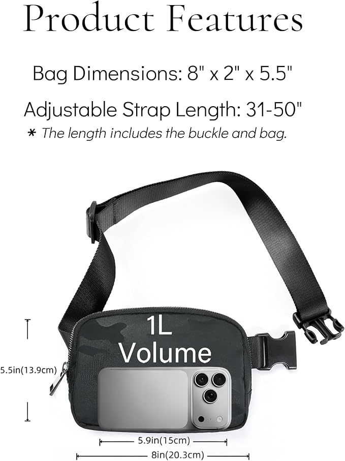 YOSHUYUKI Fanny Pack Crossbody Bag Trendy Waterproof Small Sling Cross Body Purse for Women Men Fashion Waist Packs Mini Belt Bag Pouch Chest Bum Bag Lulu Dupes for Travel Vacation Running Black Camo