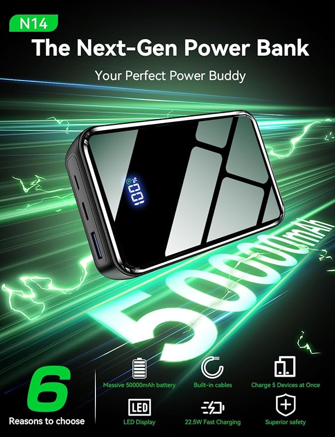 Portable Charger Power Bank 50000mAh, 22.5W Fast Charging Portable Charger with Built-in Cables, Travel Essential 5 Outputs External Battery Pack, LED Display for iPhone, Android, iPad, Black