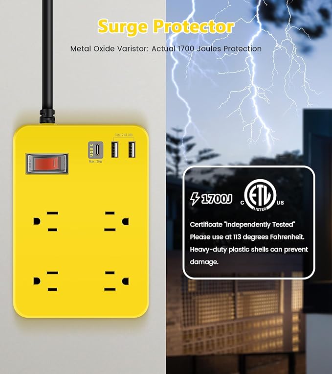 Outdoor Power Strip Weatherproof,Fast Charging Station 20W USB C,Waterproof Surge Protector 4 Outlets, Multi Outlet Extension for Camping, Garden, Kitchen,Bathroom,Flat Plug (Yellow, 25 FT Cable)