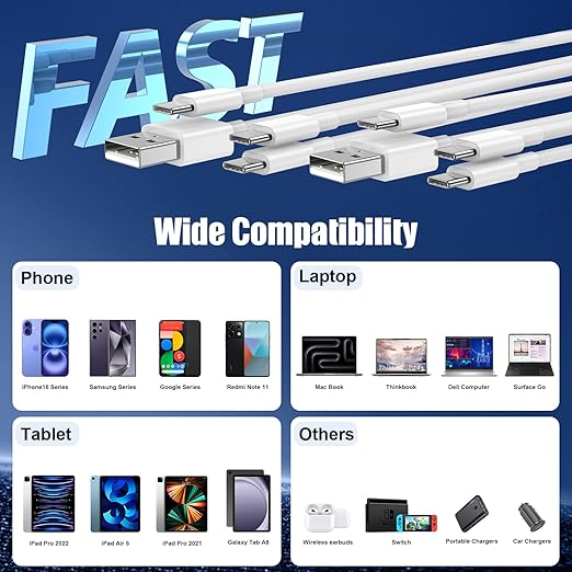 Car Carplay Cable for iPhone 17 16 15, 2-Pack [3.3FT+6FT] 60W USB C to USB C Cable And 2-Pack [3.3FT+6FT] USB A to USB C Cable for iPhone 17 16 15，for Galaxy S25 S24, for iPad, for MacBook and More