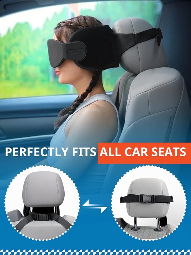 SARISUN Travel Pillow, Car Travel Pillow with 3D Eye Mask for Sleep, 360° Head Support Strap for All Car Seat, Road Trip Essentials, Stop Bobblehead, Black