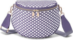 Trendy Woven Checkered Crossbody Bum Bag for Women，PU Leather Checkered Purse Fanny Packs Belt Bag (Woven Bum Bag - Cloudy Purple White)