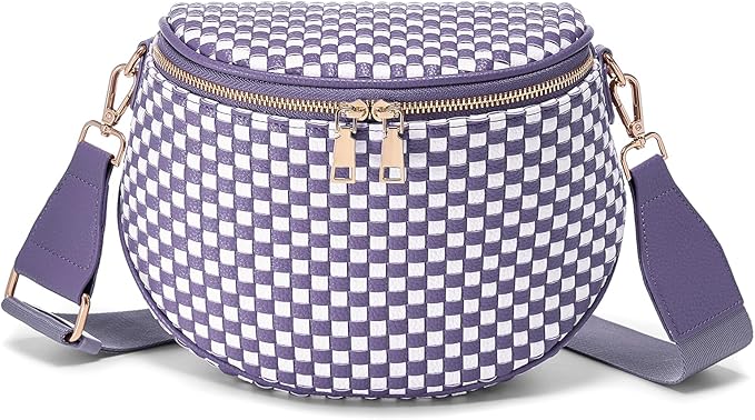 Trendy Woven Checkered Crossbody Bum Bag for Women，PU Leather Checkered Purse Fanny Packs Belt Bag (Woven Bum Bag - Cloudy Purple White)