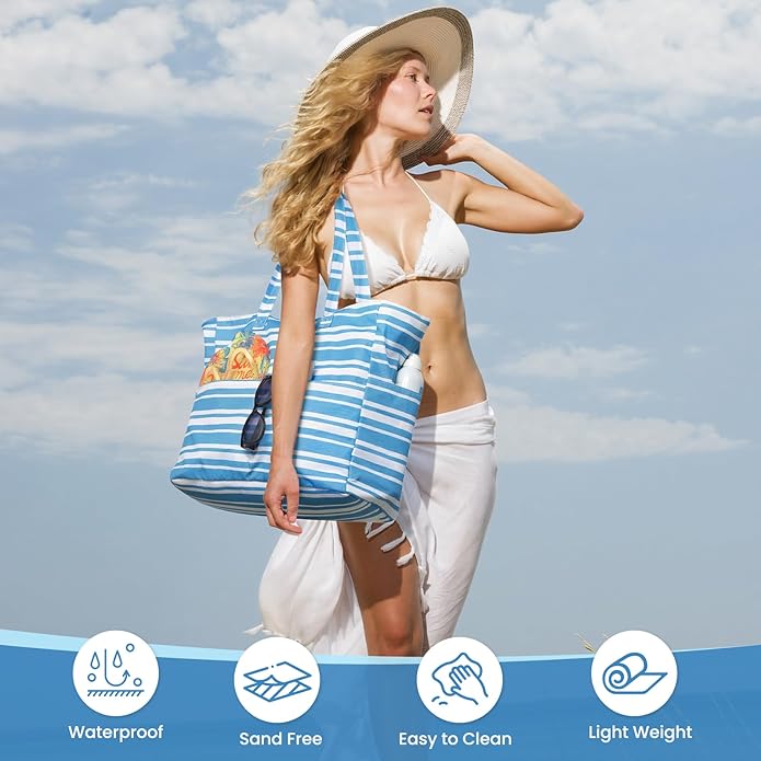 Trifabricy Beach Bags for Women Waterproof Sandproof Women Tote Bag, Large Beach Bag with Zipper for Gym Travel Vocation