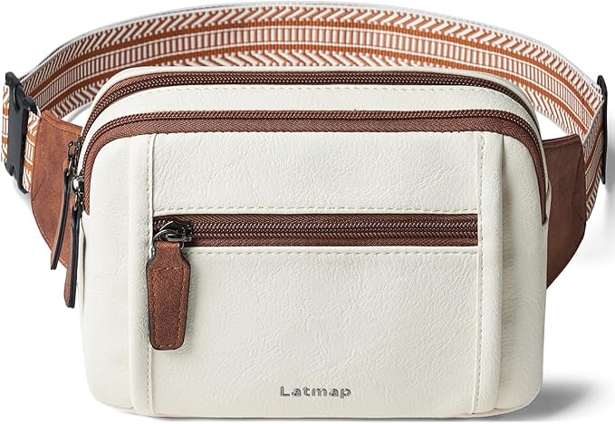LATMAP 3L TRIPLE ZIP Fanny Packs Belt Bag For Women Men Crossbody Waist Pack Sling Chest Bum Travel Bag Purse Faux Leather Fashion Cute Beige