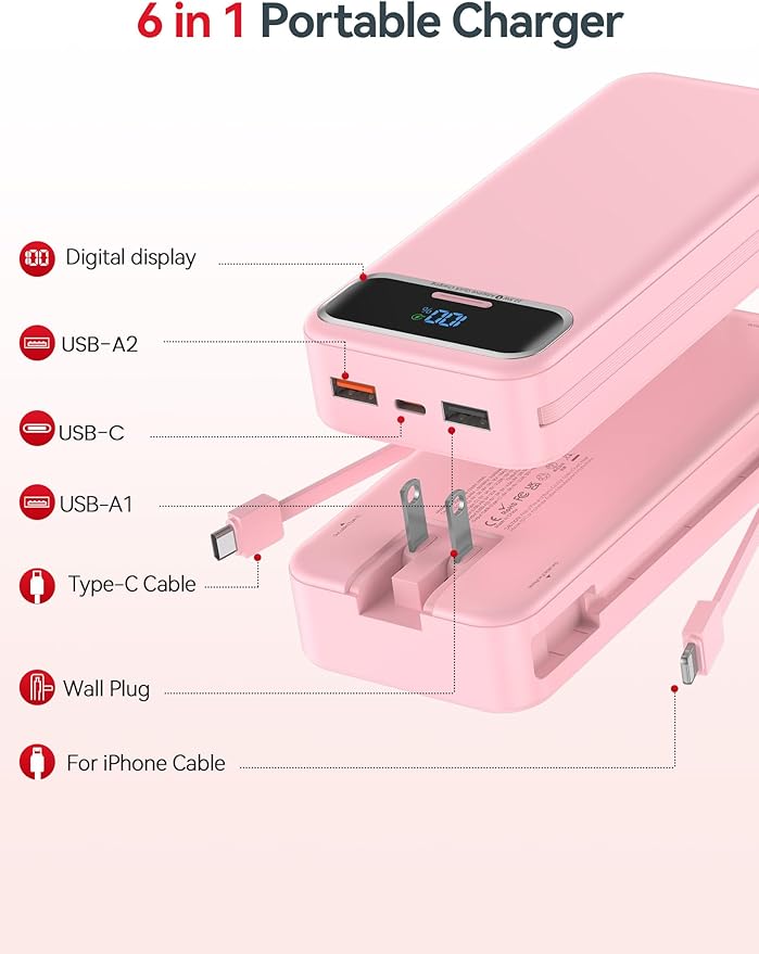 20000mAh Lightweight-Portable-Charger-Power-Bank with Built-in Cables and AC Wall Plug, PD20W USB-C Fast Charging Battery Pack, LED Display External Travel Phone Charger for All iPhone,Samsung,Android