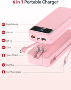 20000mAh Lightweight-Portable-Charger-Power-Bank with Built-in Cables and AC Wall Plug, PD20W USB-C Fast Charging Battery Pack, LED Display External Travel Phone Charger for All iPhone,Samsung,Android