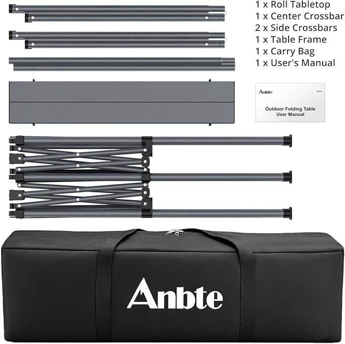 Anbte Heavy-Duty Camping Table, 48” x 23.6” Large Roll Up Camping Table for 6-8 People Support 264lbs with Carry Bag, Waterproof, Portable, for Backyard BBQ Tailgating Picnic Party Indoor, Black
