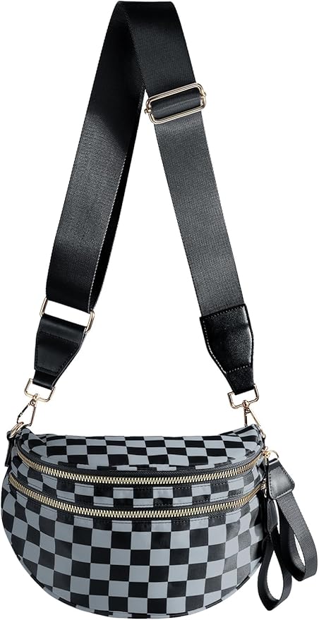 Black and White Checkered Crossbody Bag Bum Bag for Women,Spacious Checkered Purse Fanny Packs Belt Bag