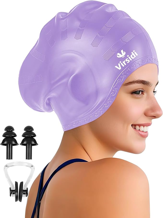 Swim Cap for Long Hair, Silicone Swimming Cap for Adult Women Men with 3D Ear Protection, Waterproof Large Swim Hats Bathing Caps to Keep Hair Dry with Ear Plugs Nose Clip