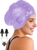 Swim Cap for Long Hair, Silicone Swimming Cap for Adult Women Men with 3D Ear Protection, Waterproof Large Swim Hats Bathing Caps to Keep Hair Dry with Ear Plugs Nose Clip