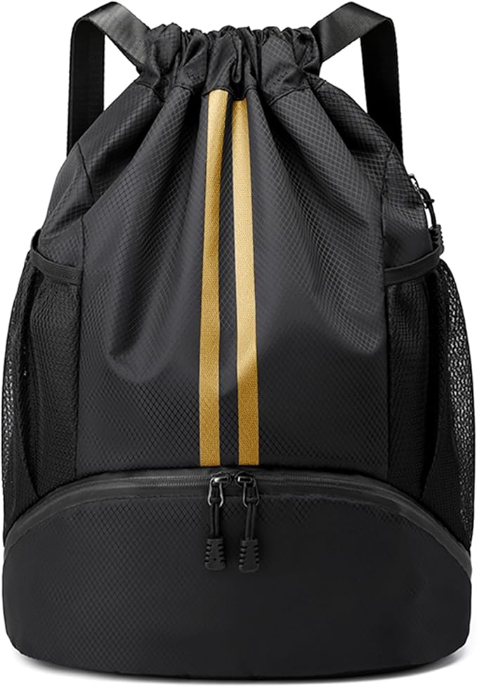 JELUTAR Drawstring Backpack Gym Bag with Shoes Compartment for Soccer, Basketball, Swim, Water-Resistant String Backpack Beach Cinch for Women Men, Black Gold