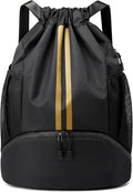 JELUTAR Drawstring Backpack Gym Bag with Shoes Compartment for Soccer, Basketball, Swim, Water-Resistant String Backpack Beach Cinch for Women Men, Black Gold