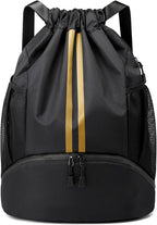 JELUTAR Drawstring Backpack Gym Bag with Shoes Compartment for Soccer, Basketball, Swim, Water-Resistant String Backpack Beach Cinch for Women Men, Black Gold