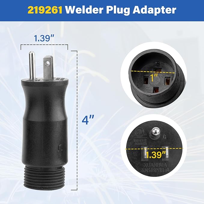 219261 Multi Voltage Power Adapter Plug for Miller & Hobart Welders/Plasma Cutters, 4 Pin to 3 Prong Electric Welding Adapter Plug for Welding Power Cord 5-15P (115V/15A)