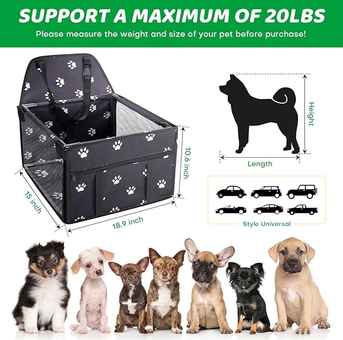 GENORTH Dog Car Seats for Small and Medium Dogs,Portable Puppy/Pet Car Booster Seat with Clip-On Leash and Mesh Window for Pet Up to 20 lbs
