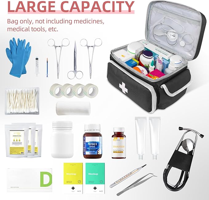 ALSLEA First Aid Bag Empty, Small Medicine Bag Portable Medical Supplies Organizer for Travel, Home, Office, Car, Outdoor, Camping, Hiking (Black)