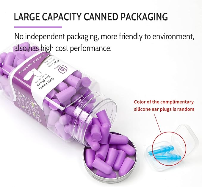 LYSIAN Ultra Soft Foam Earplugs for Sleeping, 38dB SNR Noise Reduction Ear Plugs for Snoring, Shooting, Study, Work and Travel, 60 Pairs, Purple