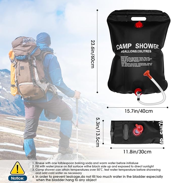 Solar Camping Shower Bag 1/2set and1+ Set 5 Gallon Portable Camping Showers Bag with Adjustable Switch Removable Nozzle for Camping Hiking Beach Swimming Outdoor Activities