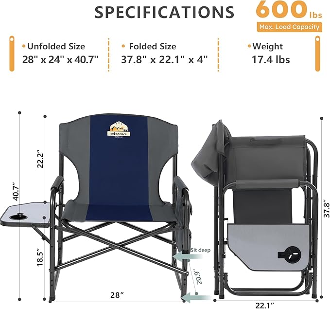Colegence Oversized Directors Camping Chair Support 600 LBS, Heavy Duty Folding Outdoor Chairs with Detachable Side Pocket and Adjustable Side Table for Outside Beach,Lawn,Fishing (Blue)