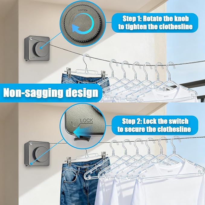 Retractable Clothesline Indoor & Outdoor, 16.2 Feet Stainless Steel Washing Line, Non-Sagging Wall Mounted Heavy Duty Laundry Line, Easy Installation Space-Saving Clothing Dry Rack (Gray)