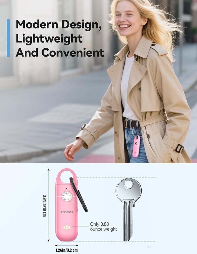 TECKNET Personal Safety Alarm,Portable Personal Alarm for Women with Flashing Strobe Light & Low Battery Alert,130dB Rechargeable Emergency Keychain Alarms for Women ,Men,Kids,Seniors(Pink)