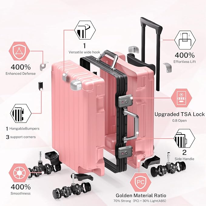Krute Carry On Luggage 20 inch Aluminum Frame Luggage with Spinner Wheels Hardshell No Zipper PC+ABS TSA Lock Zipperless Suitcases Pink