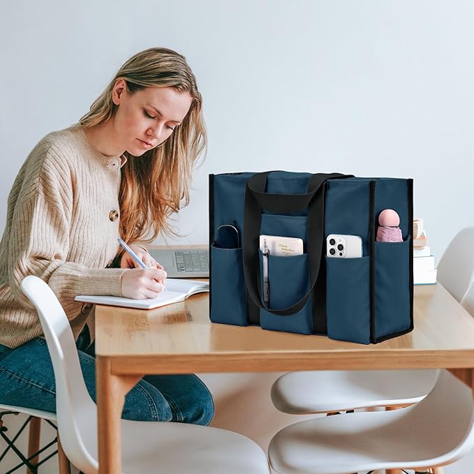 Becokan Large Tote Bag for Women Waterproof with 12 Pockets Top Zipper Closure Utility Teacher Nurse Bags for Work School
