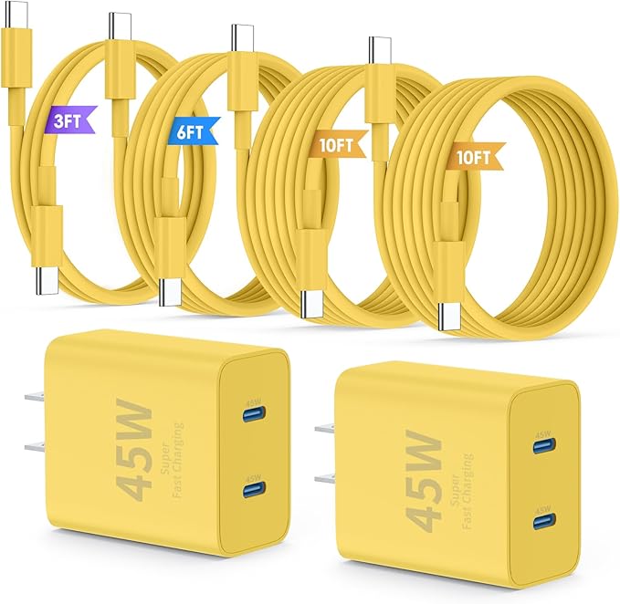 QZIIW iPhone 16 15 Pro Max Charger Fast Charging,45W Dual Port USB C Fast Charger Block [2-Pack] & Extra Long 60W 3/6/10/10FT USB C Cable - PD Quick Adapter 3.0 for iPhone 16 15/16 15Pro/16 15 Plus.
