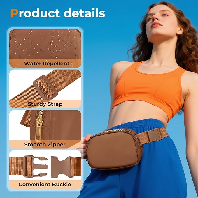 Belt Bag Zipper Fanny Pack Crossbody Bags for Women,Fashion Nylon Waist Packs, Water Repellent Two Way wear with Adjustable Strap Gifts for Teenage Girls Women Men(Brown)
