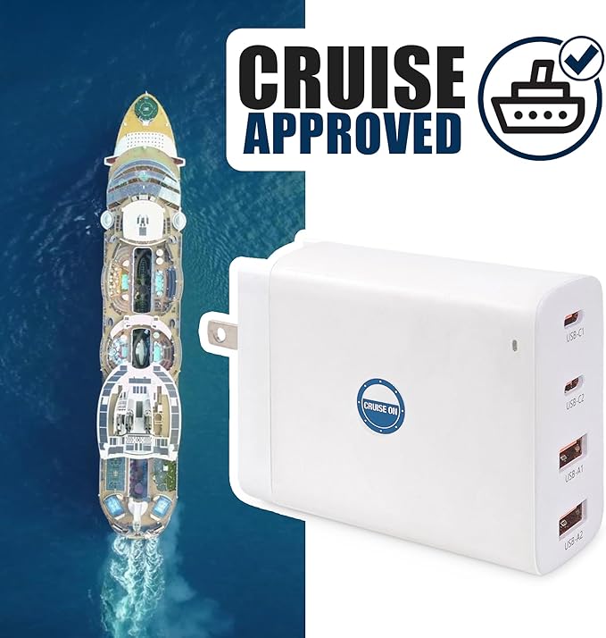 Cruise Approved Power Strip (Royal Caribbean, Disney & More) - Non Surge Charger [2 USB, 2 USB-C] 4-Port Charging Block w/Foldable Plug for iPhone, iPad, Laptops & More - Cruise Ship Essentials 2026