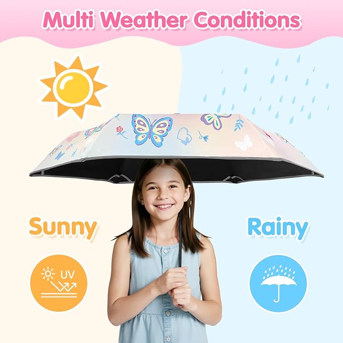 Kids Folding Umbrella Auto Open/Close Umbrellas for Rain Round Corner Safe Design UV Resistant Automatic Children Travel Umbrellas Reinforced Canopy 360° Reflective Strip Lightweight for Girls & Boys