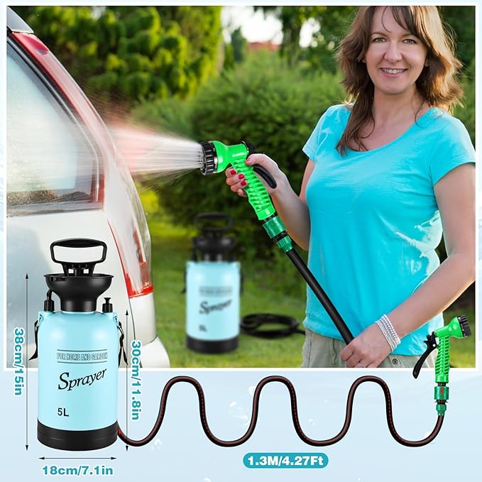 Vevitts Portable Pressure Sprayer Shower 5L for Camping with 7 Spray Modes, Hand Press Camping Shower with Hose and Shower Head, Hiking Traveling Shower Garden Sprayer Pet Shower Blue