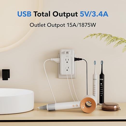 BN-LINK Multi Plug Outlet, 6 Wall Outlet Extender with 3 USB Charging Ports (1 USB C) Total 3.4A, 3-Sided Outlets Splitter Multiple Outlet Wall Plug for Home Office Dorm Room