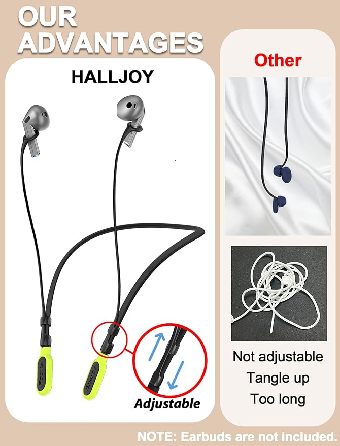 HALLJOY for Galaxy Buds 4/4 Pro/Buds 3/3 Pro Strap Neckband, Anti-Lost Accessories, Support Volume Control, Ergonomic Design, Fit Airpods Pro 3/2/1, Airpods 4, 3, 2, 1, Black Band/Yellow Tip