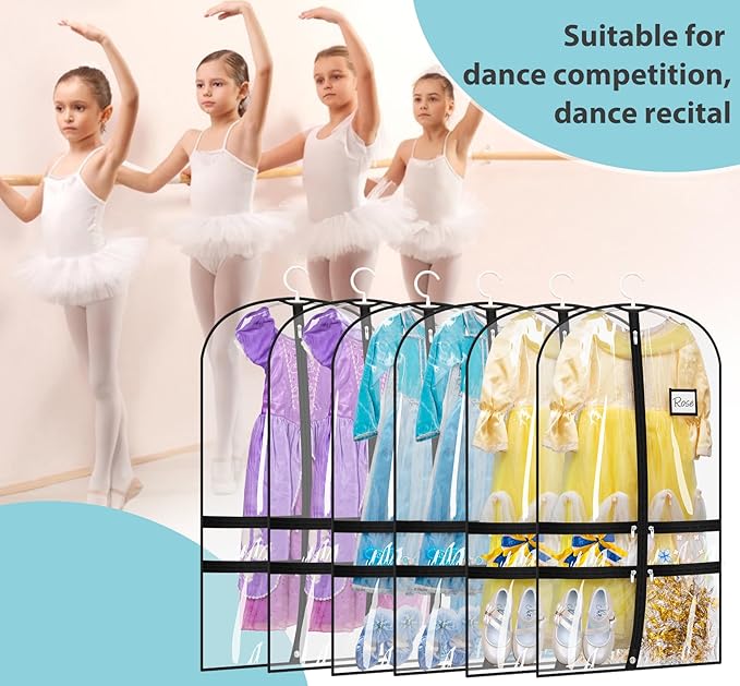 SLEEPING LAMB 6 Packs Clear Dance Garment Bags for Dancers with 4 Pockets, 40" Kids Dance Costume Garment Bag for Travel and Dance Competition, Hanging Clothes Storage for Dress, Uniform, Black