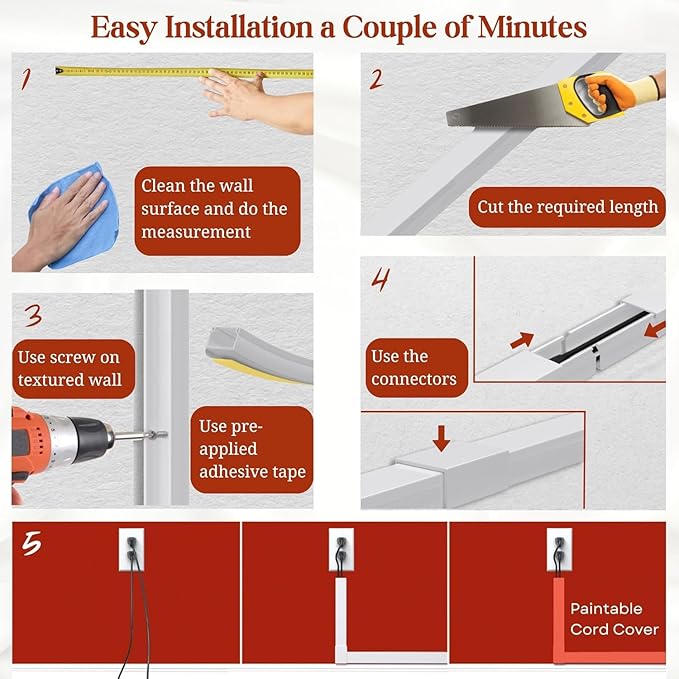 EVZA 157in Cord Hider for 1-2 Wire, Self Adhesive One-Cord Channel Cable Concealer, Paintable Cable Covers for TV Cords on Wall, Cable Raceway Kit for Extension Cord, Ethernet Cables, Speaker Wires