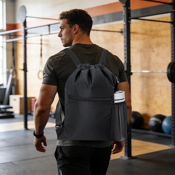 HOLYLUCK Men & Women Outdoor Sport Gym Sack Waterproof Drawstring Backpack Bag (Standard with width webbing, Black-1)