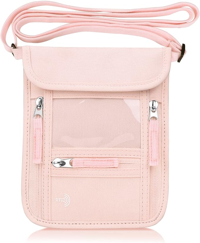 WALNEW Passport Holder Neck Pouch Travel Wallet for Women and Men, RFID Blocking Security Slim Traveling Wallet with Around Neck Lanyard Strap, Pink