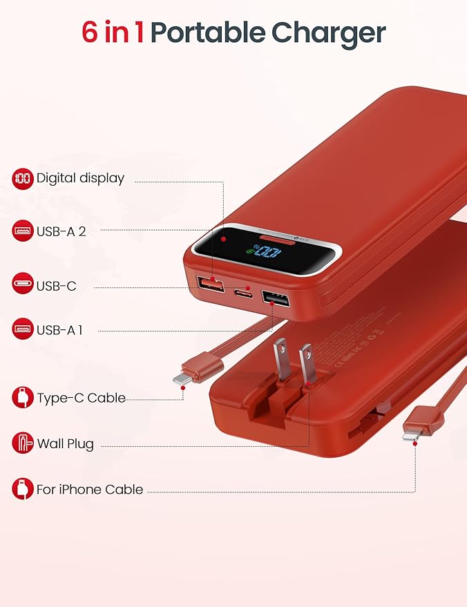 12000mAh Lightweight-Portable-Charger-Power-Bank with Built-in Cables and AC Wall Plug, PD20W USB-C Fast Charging Battery Pack, LED Display External Travel Phone Charger for All iPhone,Samsung,Android