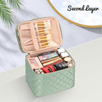OCHEAL Large Makeup Bag, Double Layer Makeup Bag, Vertical Storage Cosmetic Case for Women/Girls with Multiple Compartments-Green