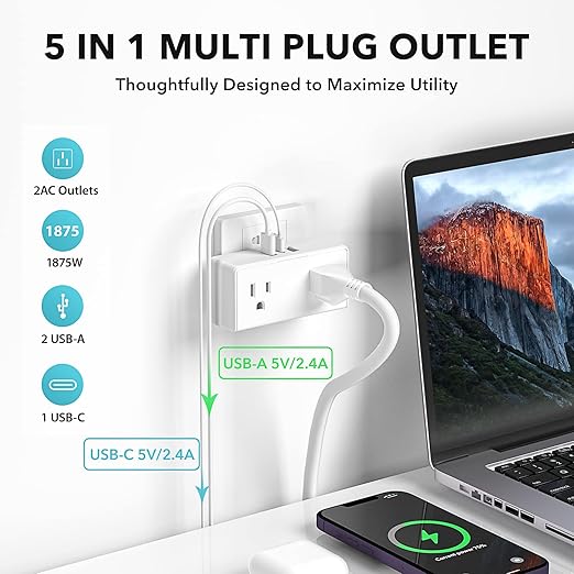 BN-LINK Multi Plug Outlet, Outlet Extender with 2 USB-A 1 USB-C 2 AC Oulets, 3 Prong Outlet Splitter for Dorm, School, Office, Home, Cruises Essentials for Ship and Travel, ETL Listed