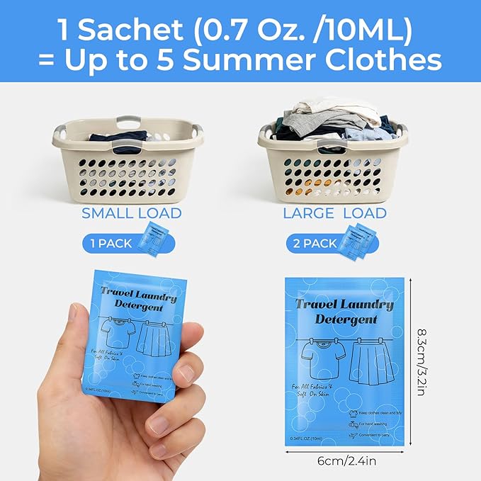 50 Pack Travel Laundry Detergent Bulk, Portable Single Use Liquid Laundry Soap, Verbena Scented, 10ml TSA Approved Travel Size for Traveler, Cruise, Hostel & Camping Essentials