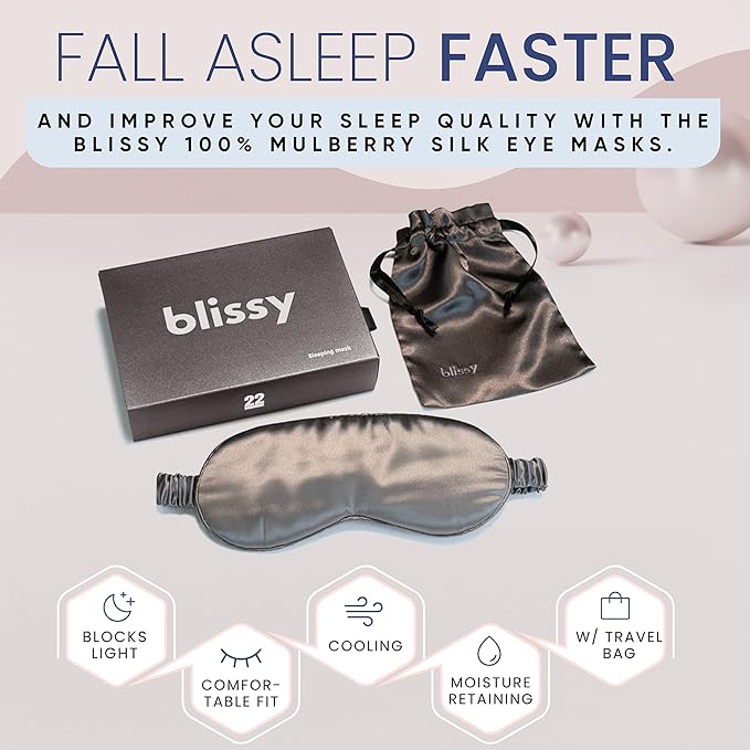 Blissy Silk Sleep Mask - Eye Sleeping Mask for Women & Men for Total Blackout - 100% Pure Mulberry Silk, 22 Momme 6a Fibers - Blindfold Sleep Mask Side Sleeper Eye Cover (Grey)