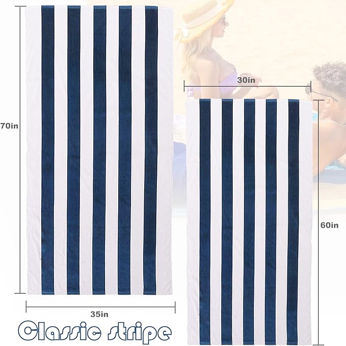 Exclusivo Mezcla 2 Pack Cotton Large 30x60 Inches Cabana Stripe Beach Towels, Super Absorbent Soft Plush Pool Towel Bath Towel (Dark Navy)