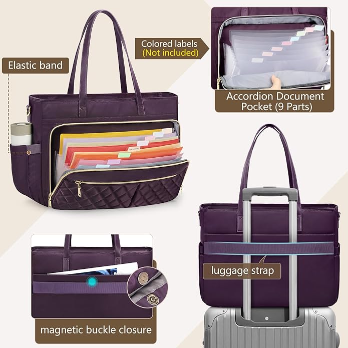 RAINSMORE Teacher Tote Bag 15.6 Inch Laptop Bag for Women Work Bag with Large Cup Holder Nurse Bag Computer Tote Handbag