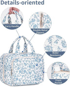 Narwey Travel Toiletry Bag for Women Large Hanging Makeup Bag Organizer Toiletries Bag for Full Size Essentials Accessories Cosmetics (Blue Flower (Large))